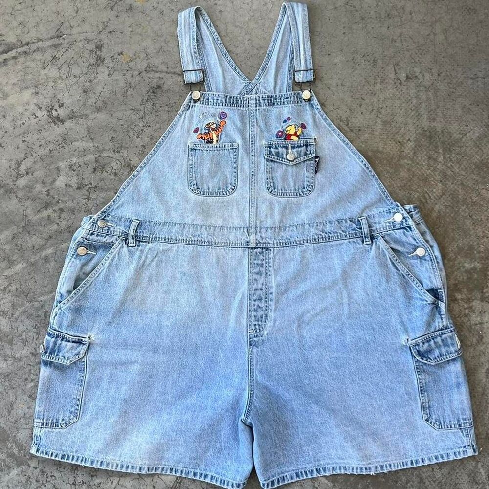 Winnie the Pooh Embroidered Denim Overall Shorts Plus 26W 28W Jerry Leigh Disney